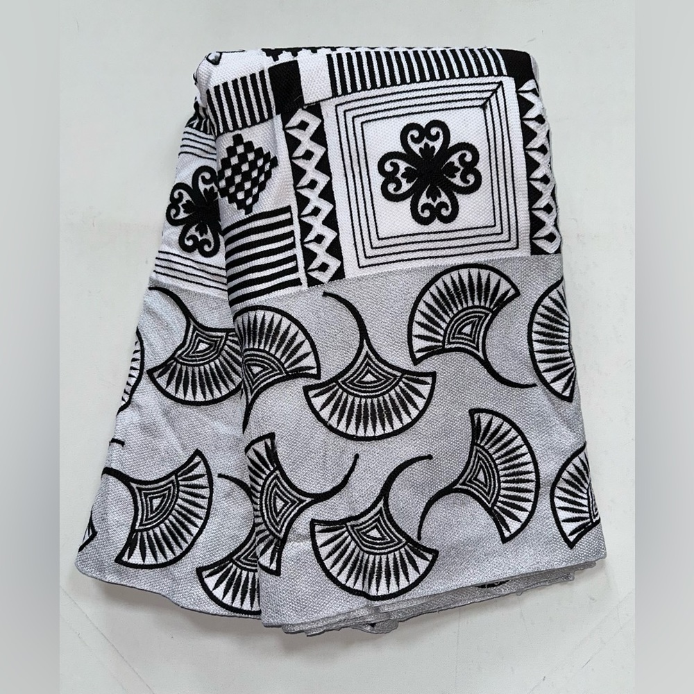 African Fabric/ Woven Kente - Black, White, Silver “Kofi”, 6 Yards